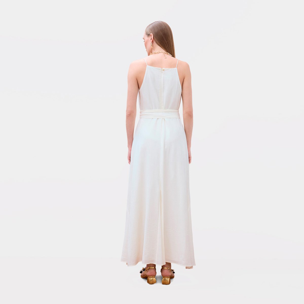 Robe longue fluide à fines bretelles et ceinture à nouer blanc, LOLA CASADEMUNT