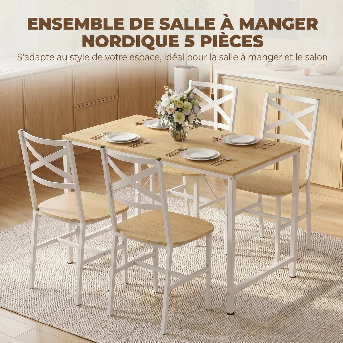 Ensemble de table à manger Panneau de naturel et blanc, HOMCOM