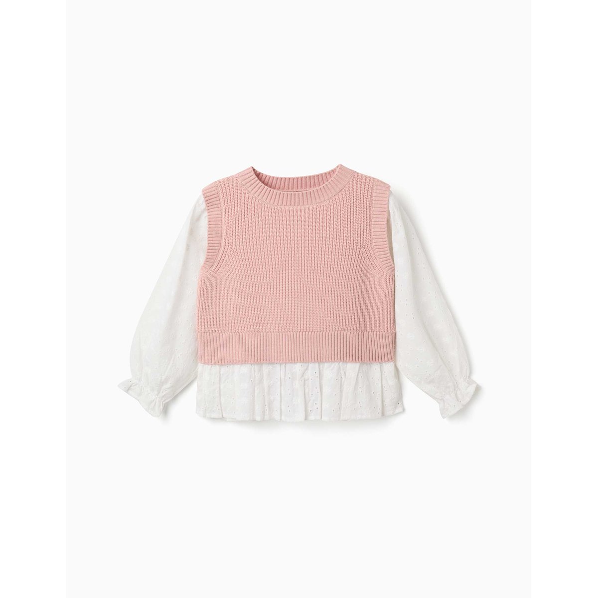 Pull bi-matière en maille et coton rose clair, ZIPPY