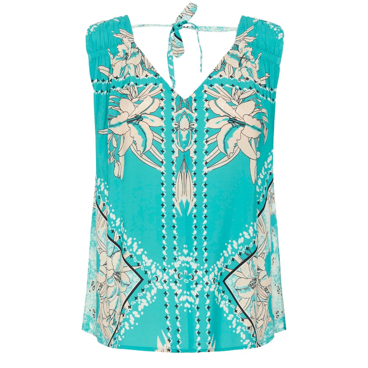 Blouse sans manches bleu ceramic scarf print, CREAM