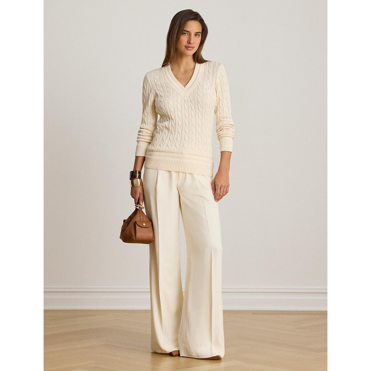 Cable Knit Long Sleeve V-Neck Jumper cream, LAUREN RALPH LAUREN