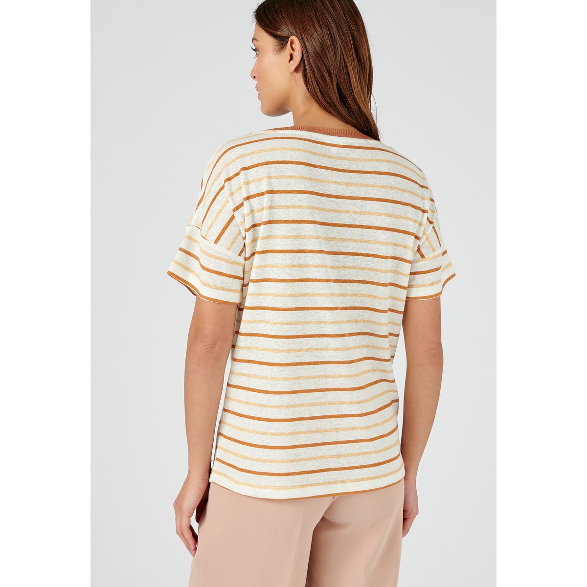 Tee-shirt à rayures en lin majoritaire marron beige rayé, DAMART