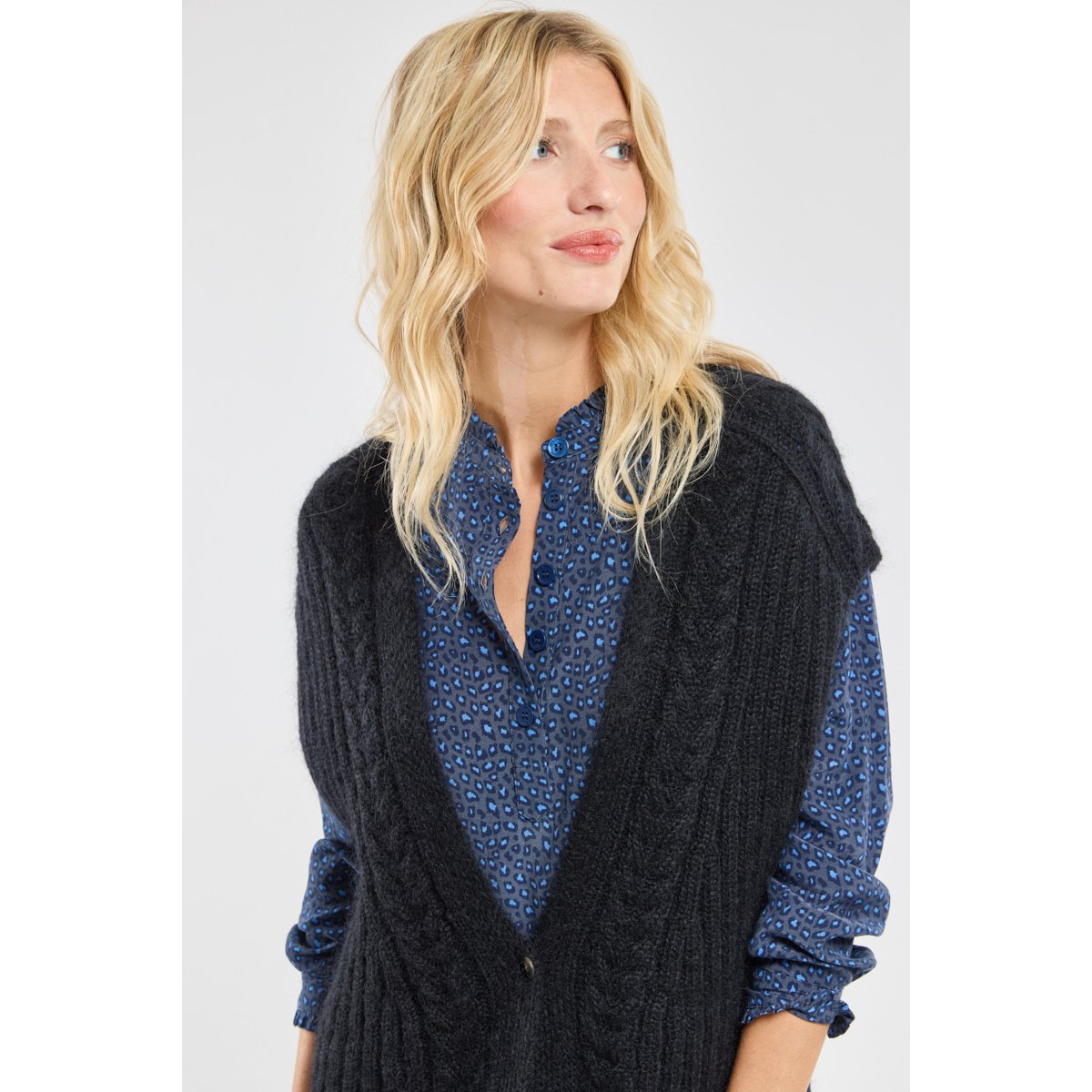 Gilet sans manche Côme en mohair noir, TERRE & MER