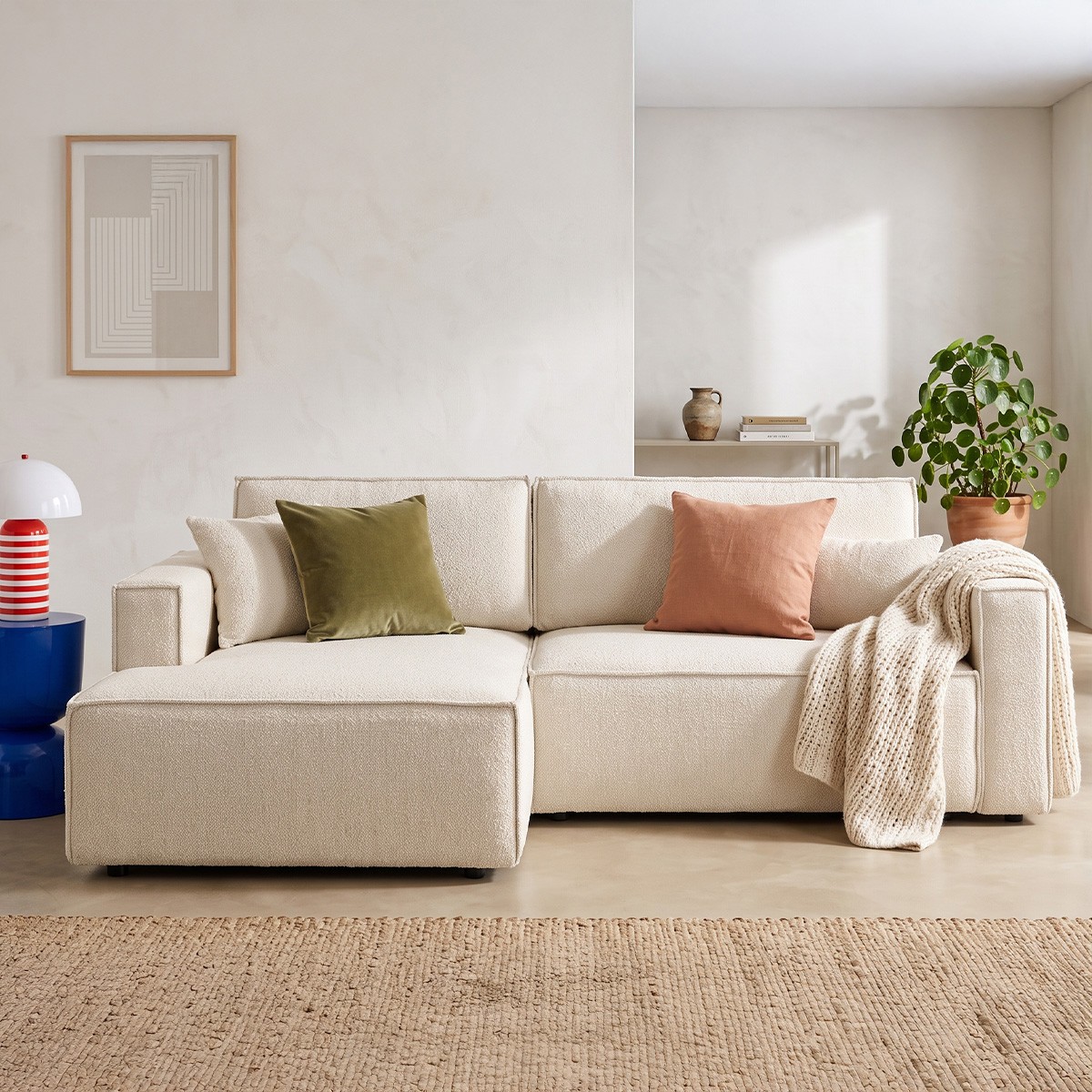 Canapé d'angle à gauche convertible 3 places en tissu bouclé - ASTI beige, HOMIFAB