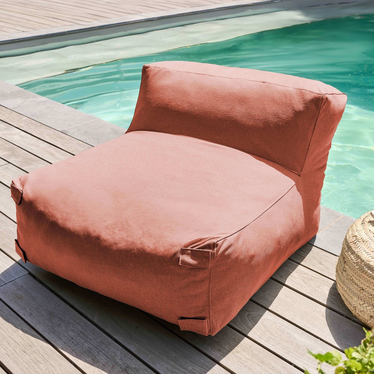 Canapé d'angle fixe modulable avec 2 chauffeuses, 2 angles et 1 pouf, MIXI terracotta, OVIALA