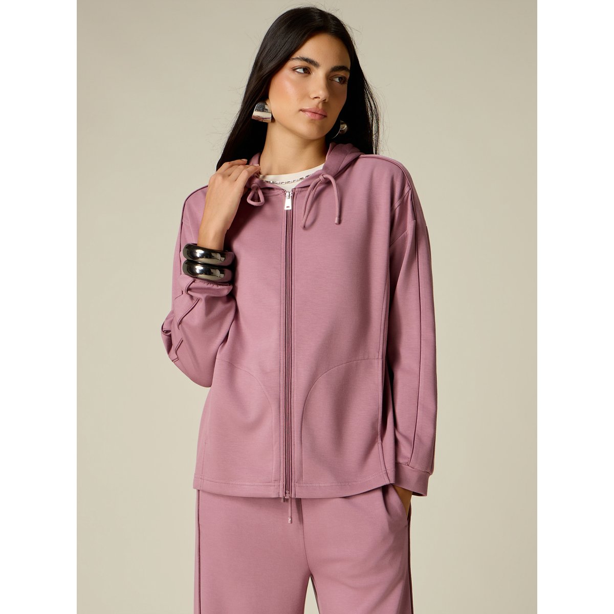 Sweat ouvert à capuche et passepoil rose, OLTRE