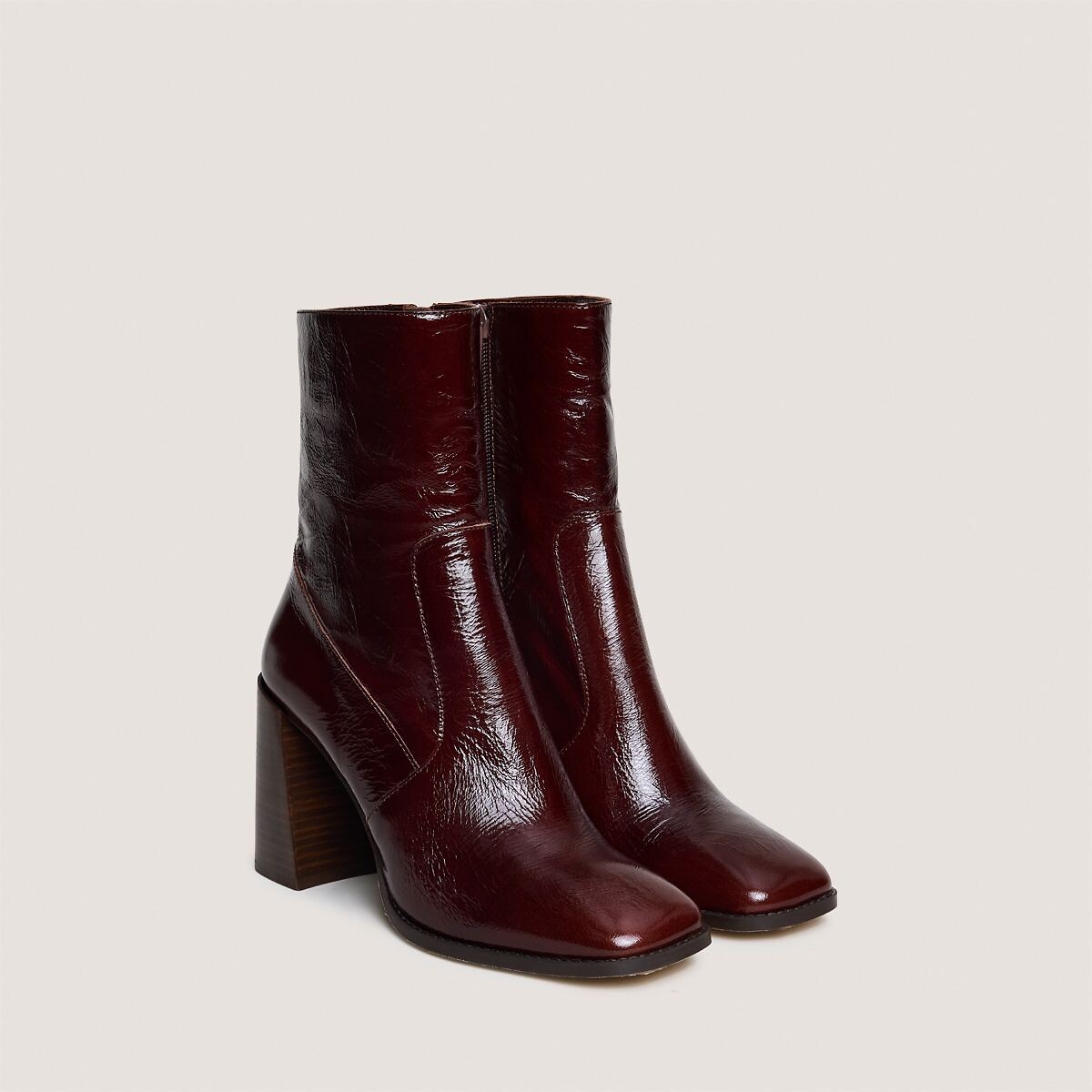 Vidal square toe glossy leather ankle boots chocolate, JONAK