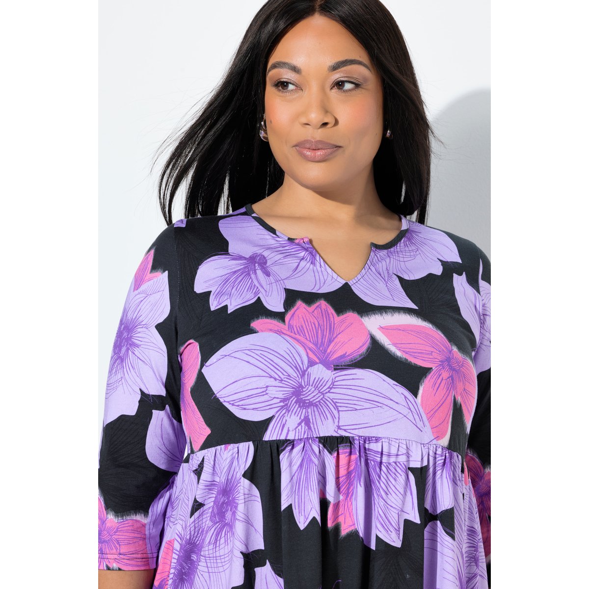 Robe maxi en jersey à fleurs, manches 3/4 noir, ULLA POPKEN