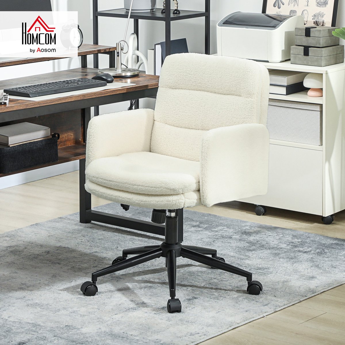 Chaise de bureau Tissu effet laine bouclée crème, HOMCOM