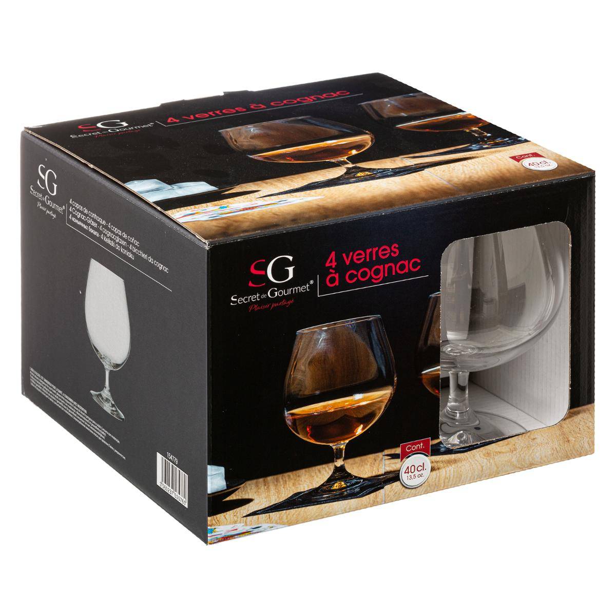 Lot de 4 verres à cognac en verre cristallin 40 cl COGNAC transparent, SECRET DE GOURMET