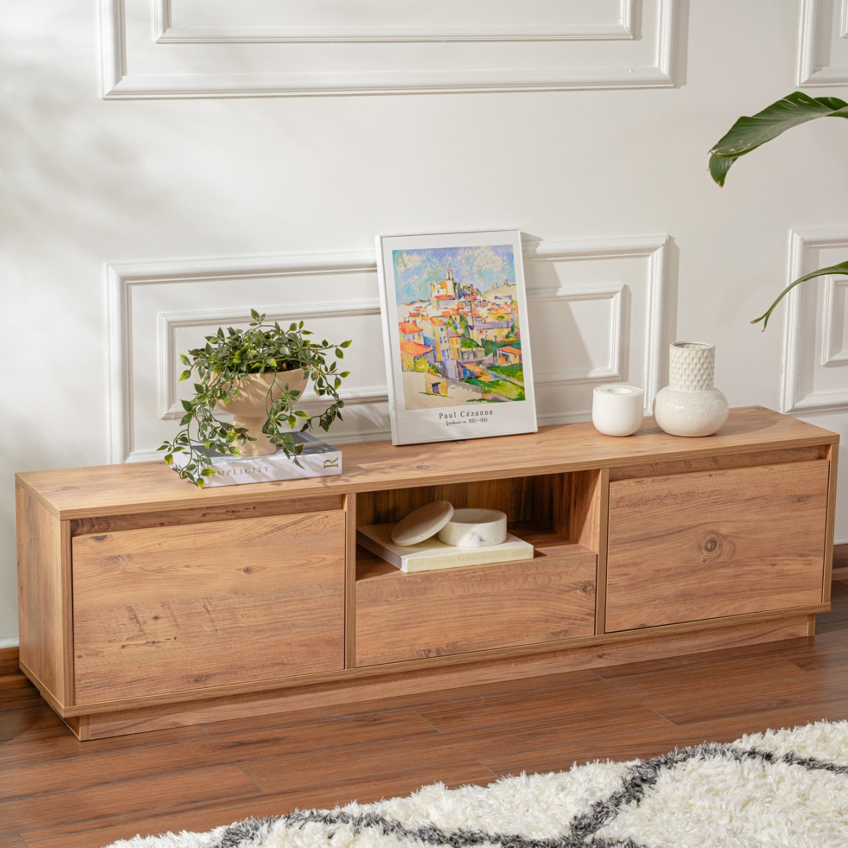 Meuble TV 3 portes rabattables et 1 niche ouverte L160 cm - VANGUARD pin atlantique, CALICOSY
