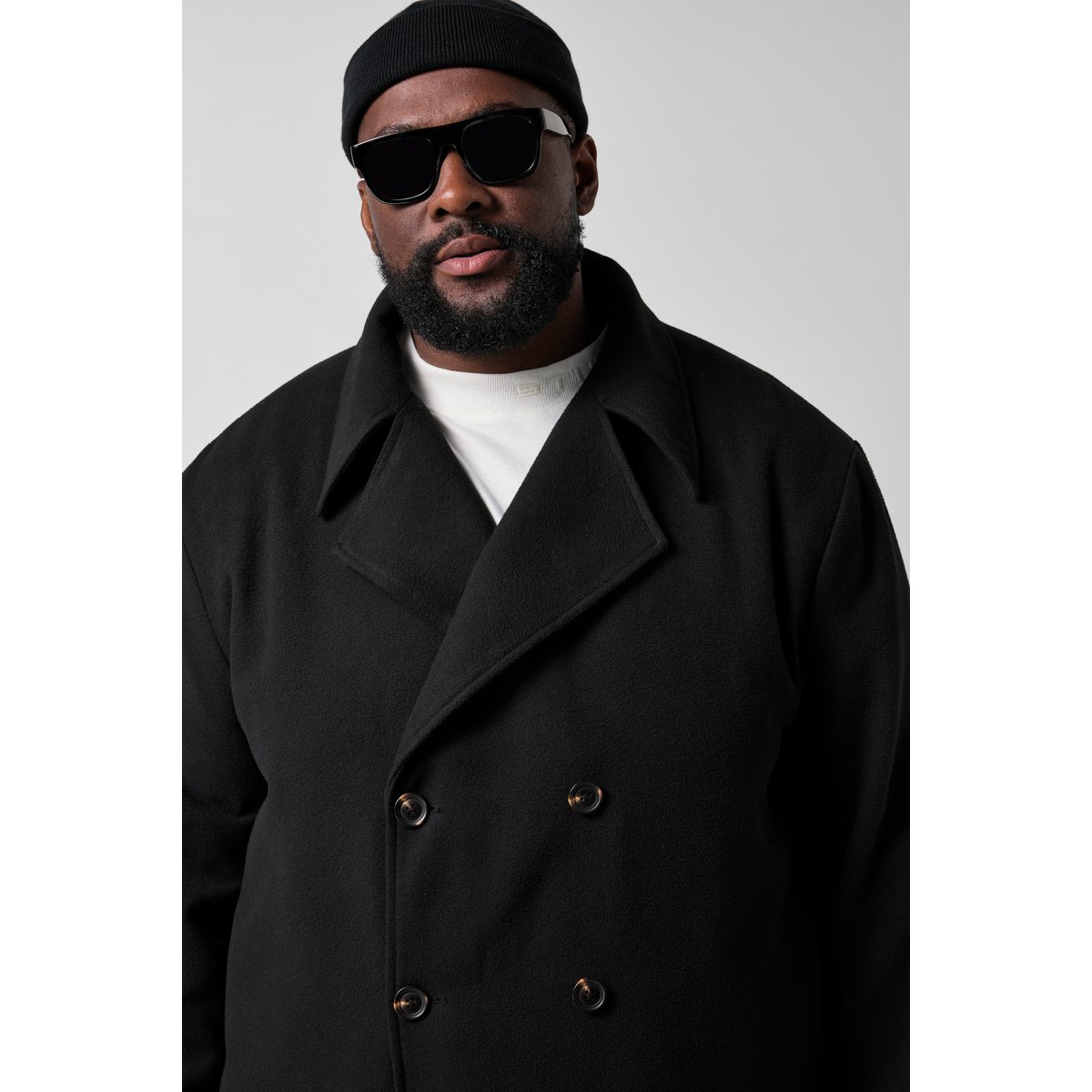 Manteau en laine mélangée, double boutonnage noir, STHUGE
