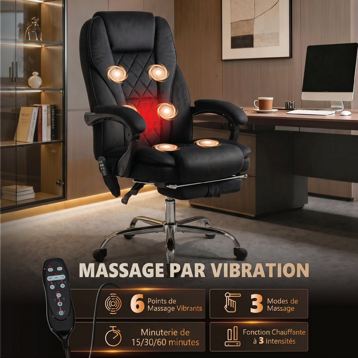 Fauteuil de bureau avec fonction massage noir, HOMCOM