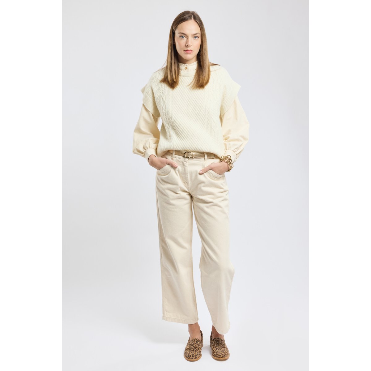 Pull torsades sans manche en laine nature, ARMOR-LUX