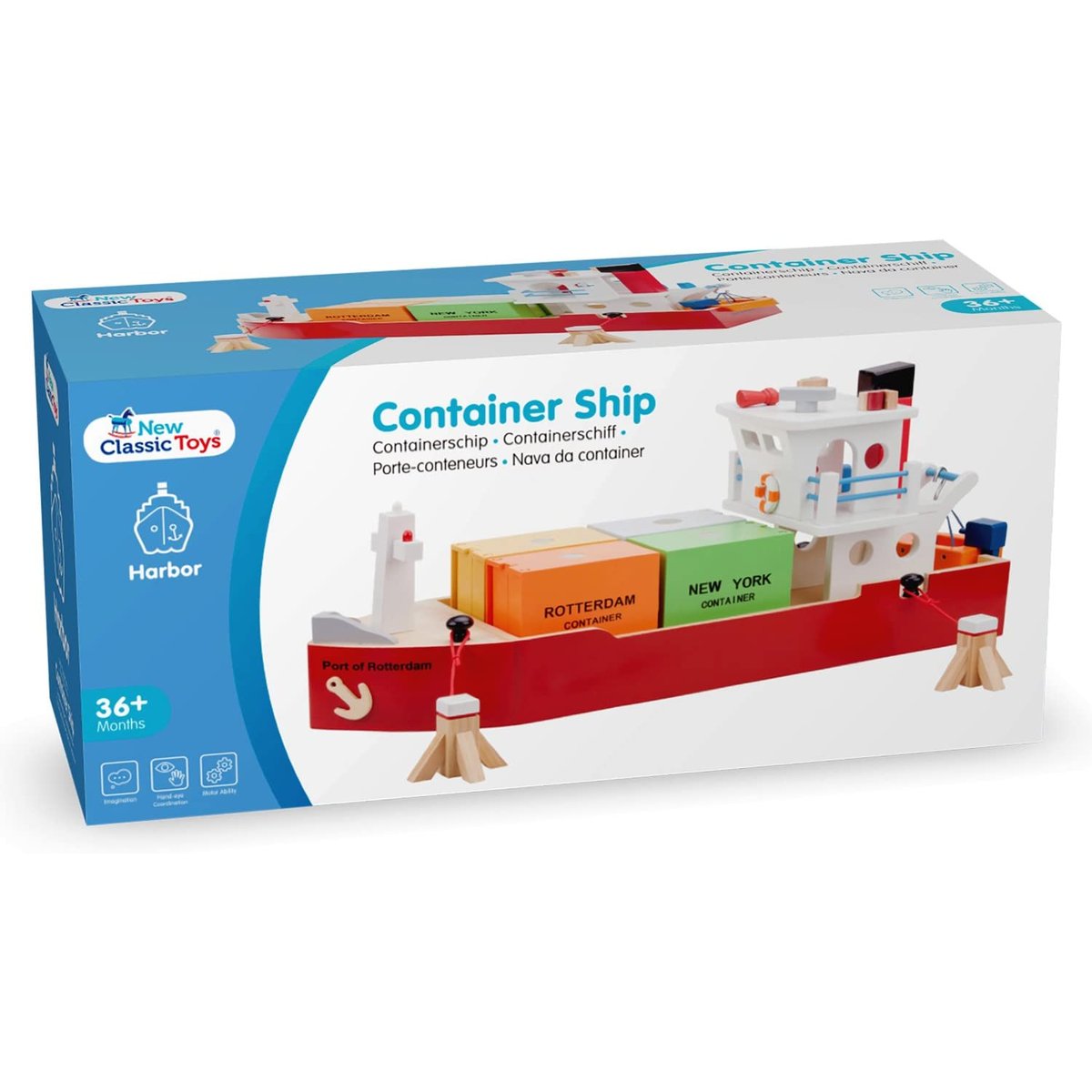 Bateau-container avec 4 containers rouge, NEW CLASSIC TOYS