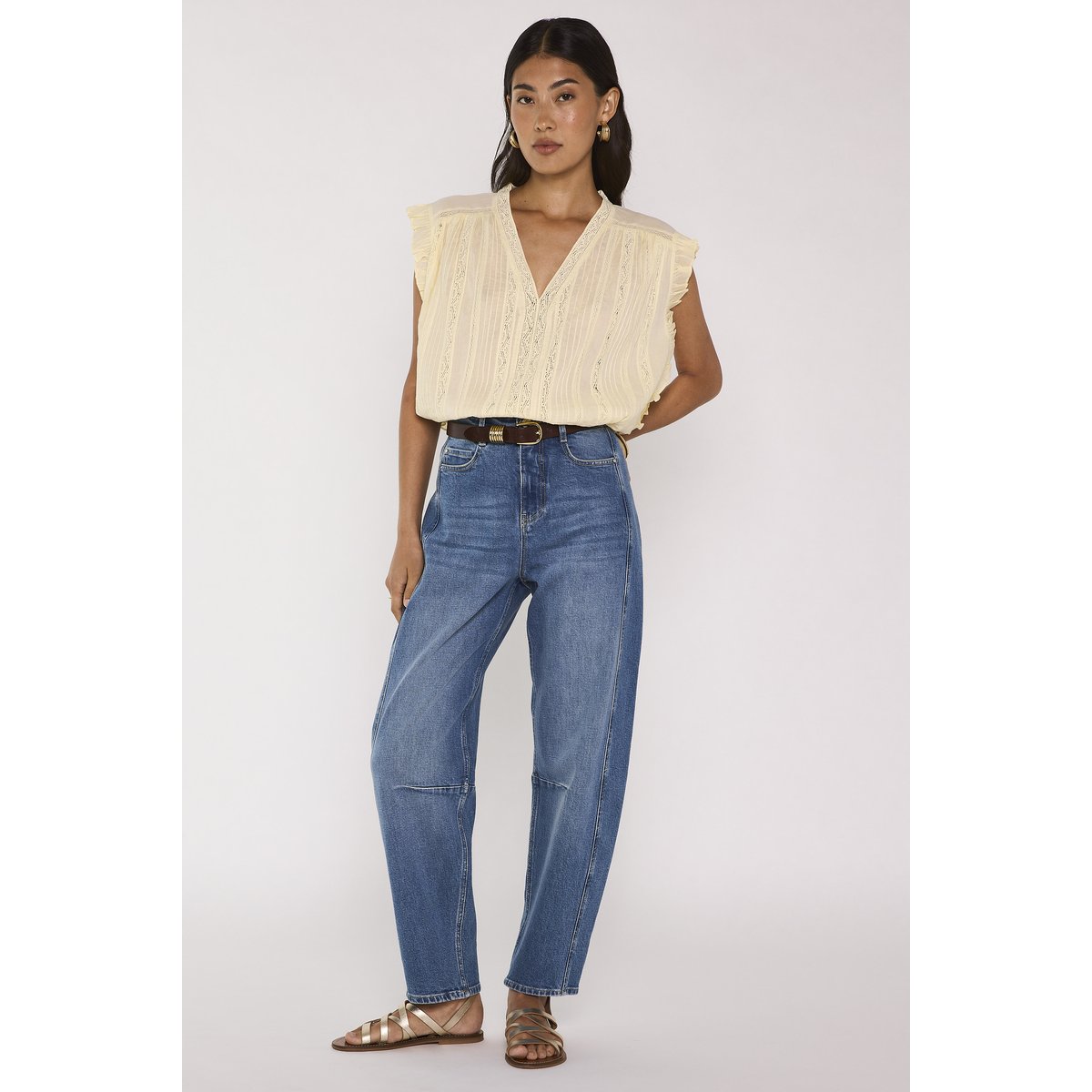 Blouse brodée sans manches en coton MARA paille, Maison 123