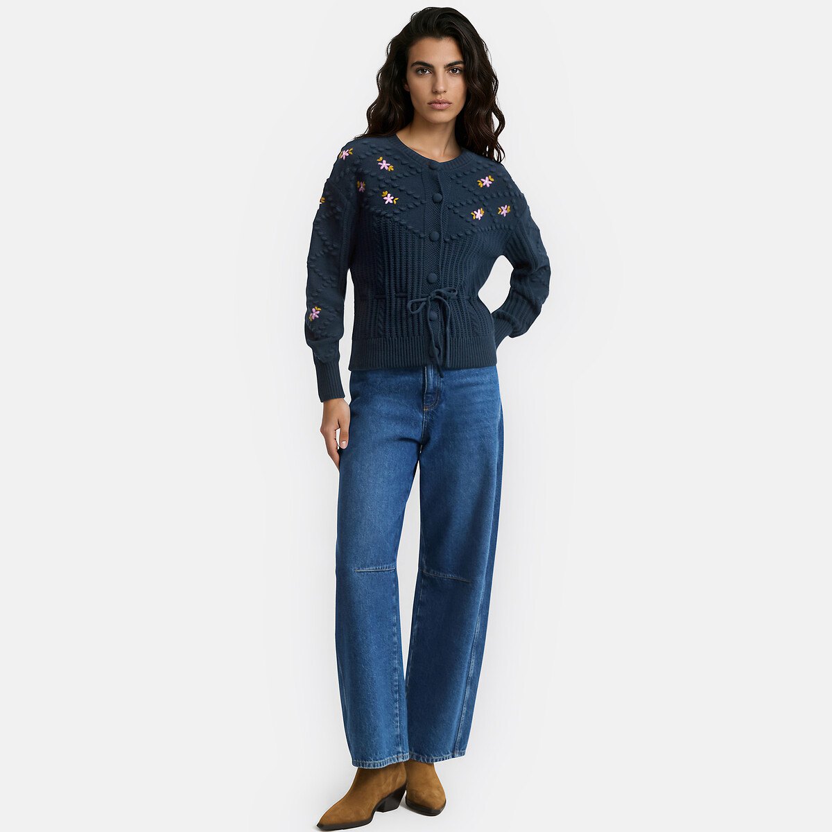 Cardigan brodé fleurs, avec lien à la taille bleu marine, LA REDOUTE COLLECTIONS