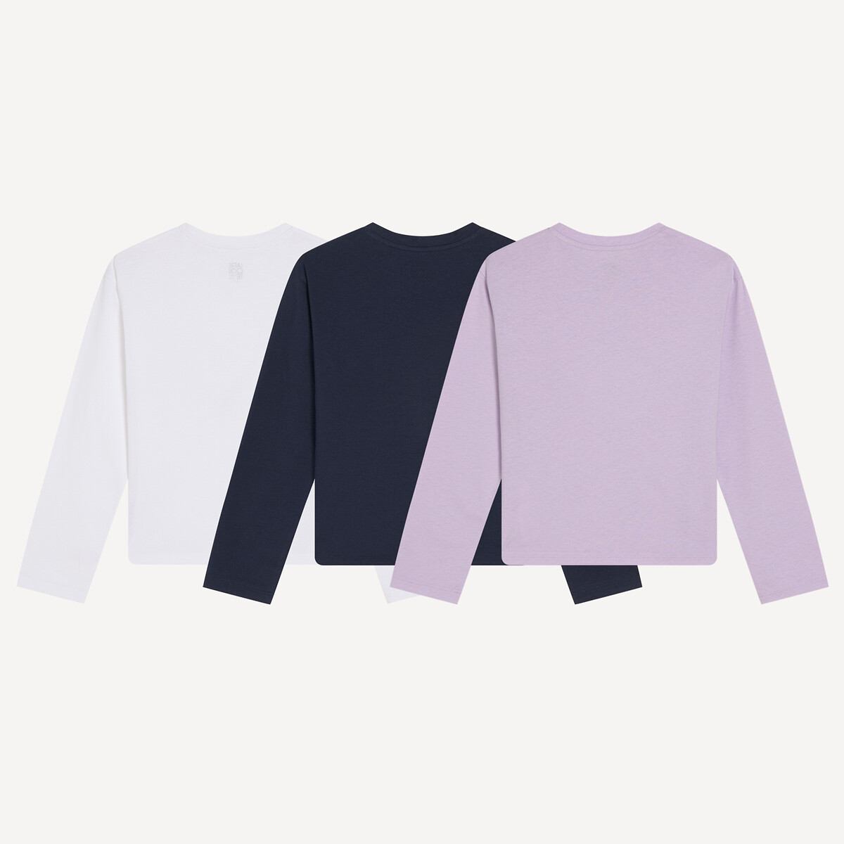 Lot de 3 T-shirts, à col rond et manches longues bleu marine + parme + blanc, LA REDOUTE COLLECTIONS