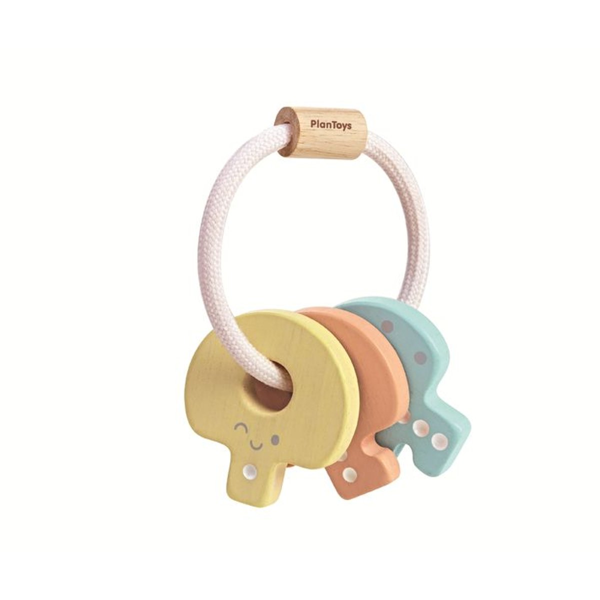 Hochet en bois clés pastel bleu, jaune, corail, PLAN TOYS