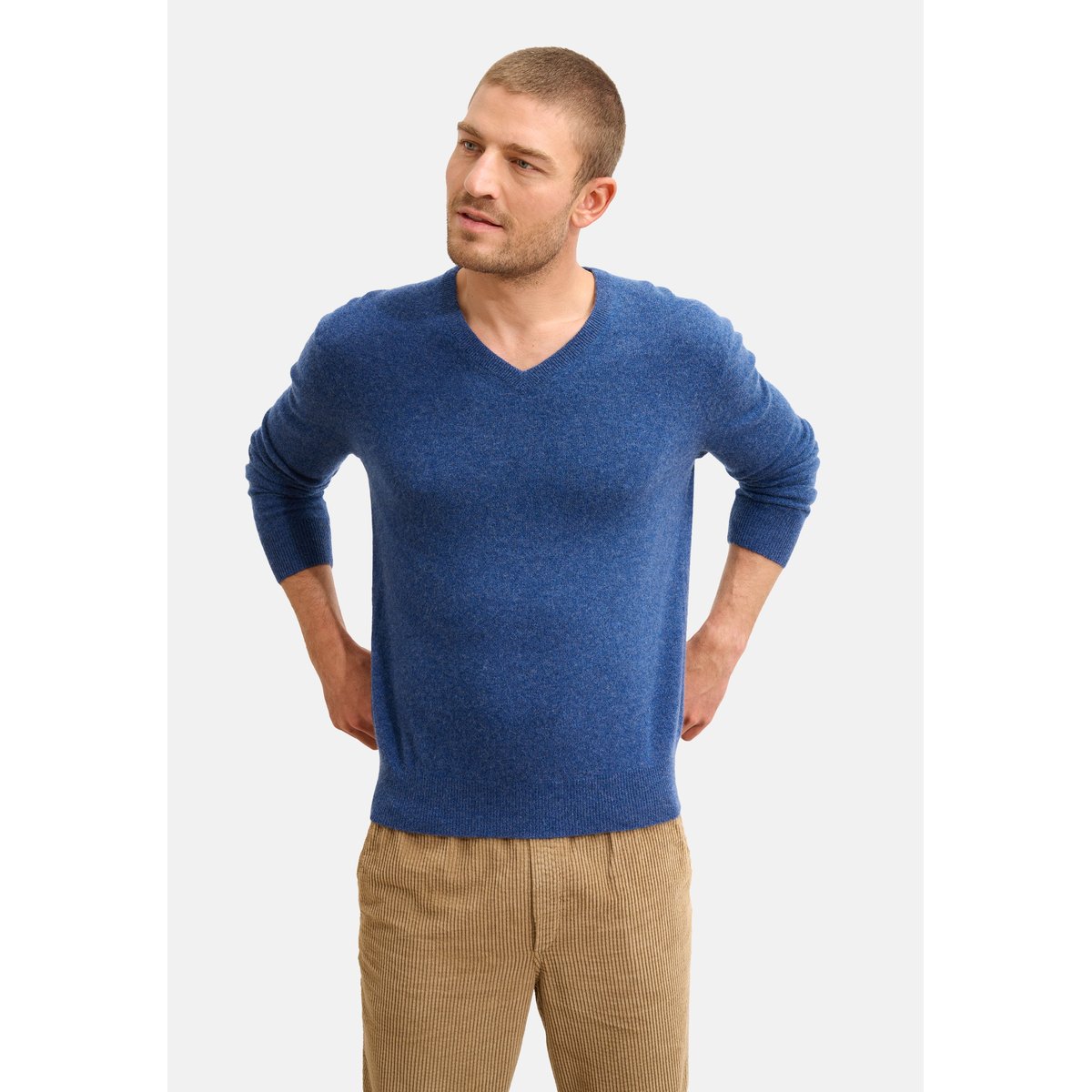 Pull Col V  Ocean Chiné Walt bleu foncé, JUST CASHMERE