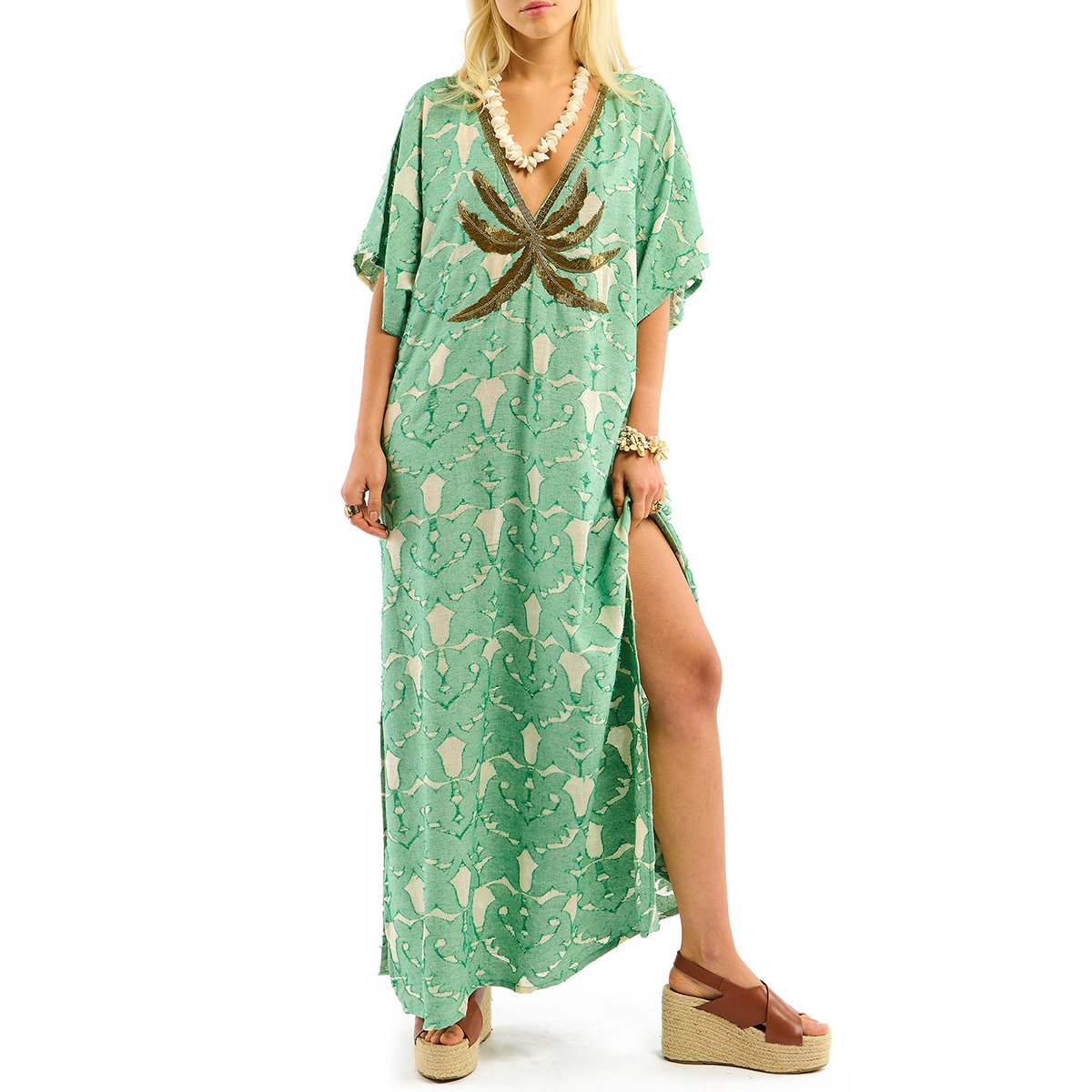 Robe longue brodée en coton et perles IVANE vert, WILD