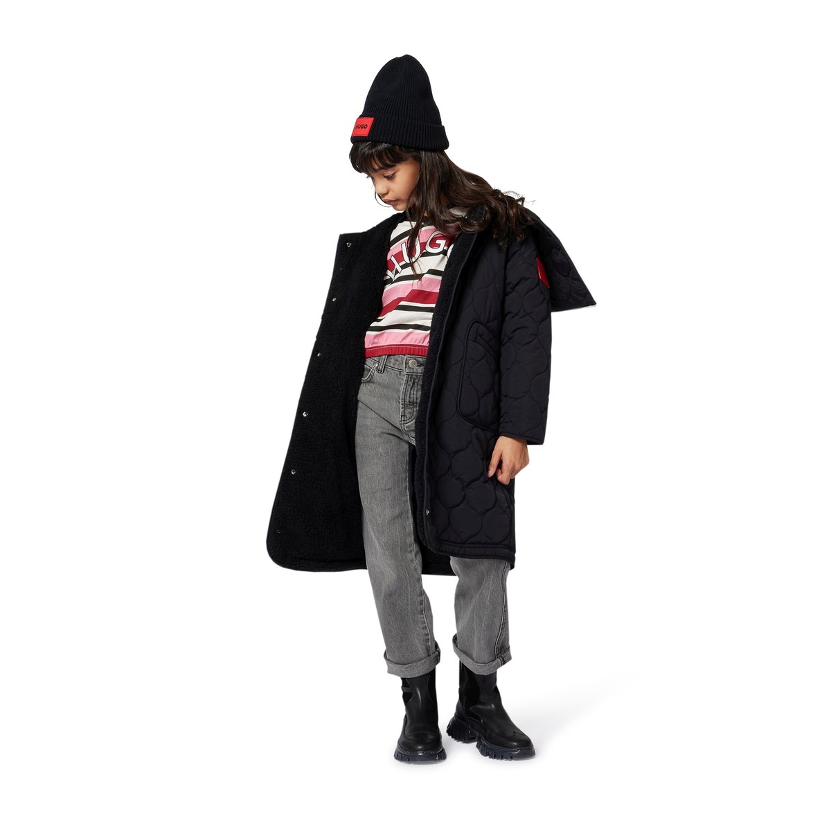 Parka lungo con cappuccio black, HUGO KIDSWEAR