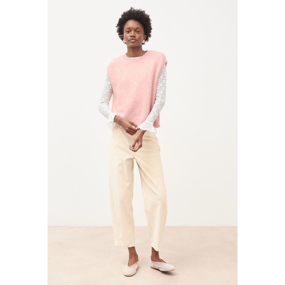 Pull droit court sans manches col rond rose pastel, BONOBO