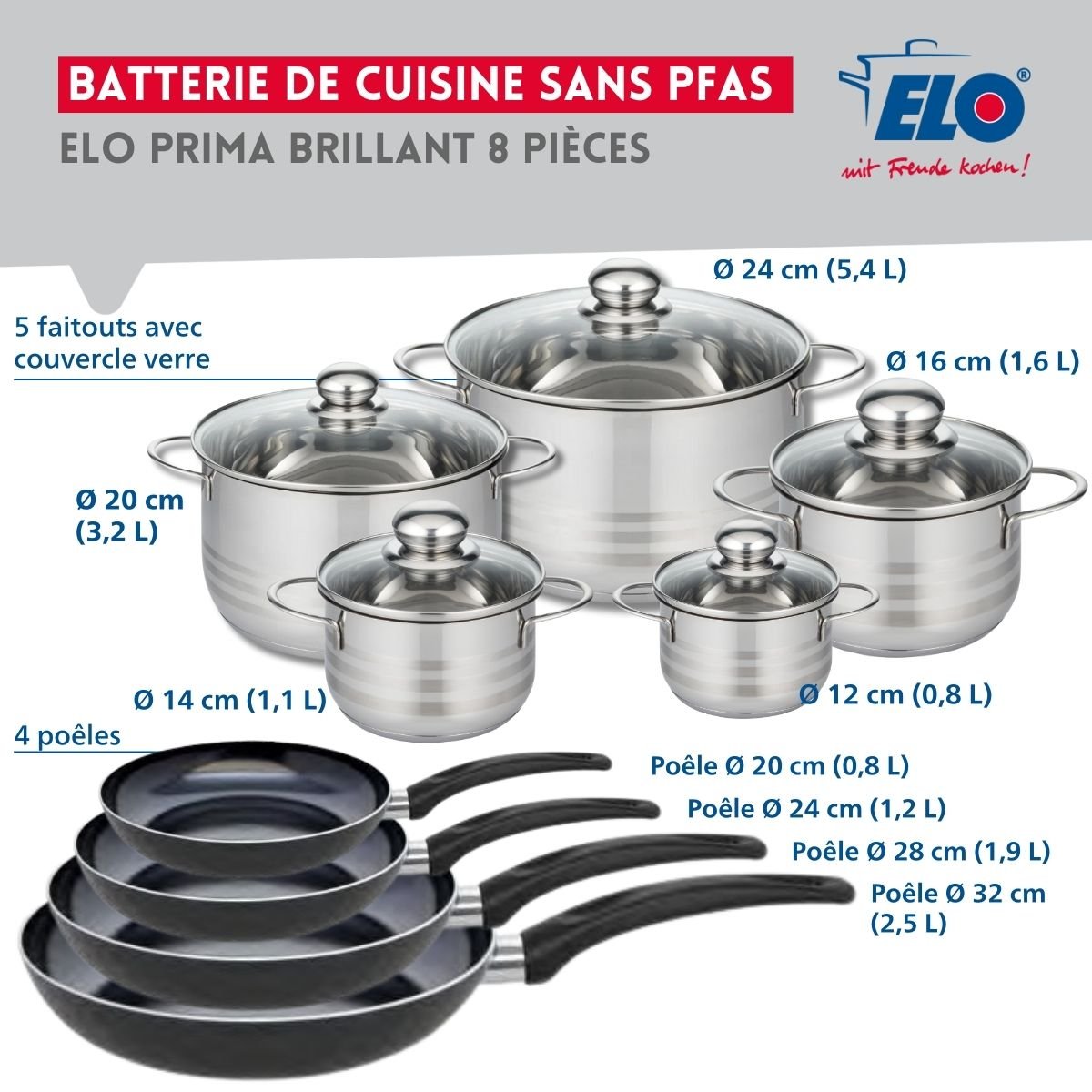 4 poêles 20/24/28/32, 5 faitouts 12/14/16/20/24 PRIMA BRILLANT noir, ELO