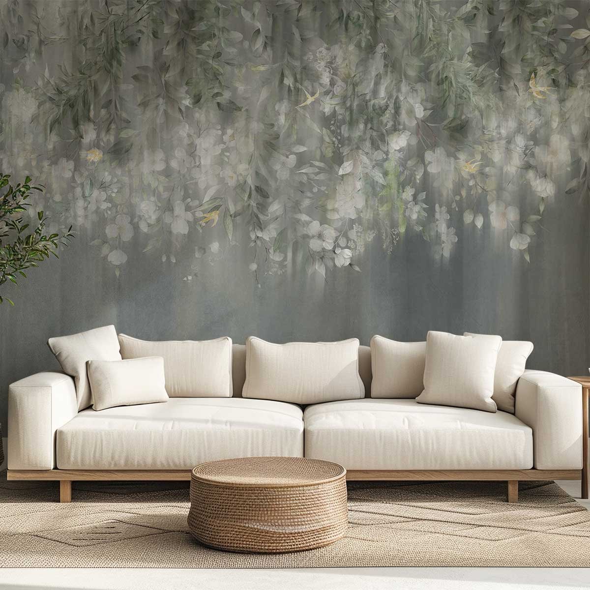 Papier peint panoramique Jardin de Jasmin gris, HEXOA