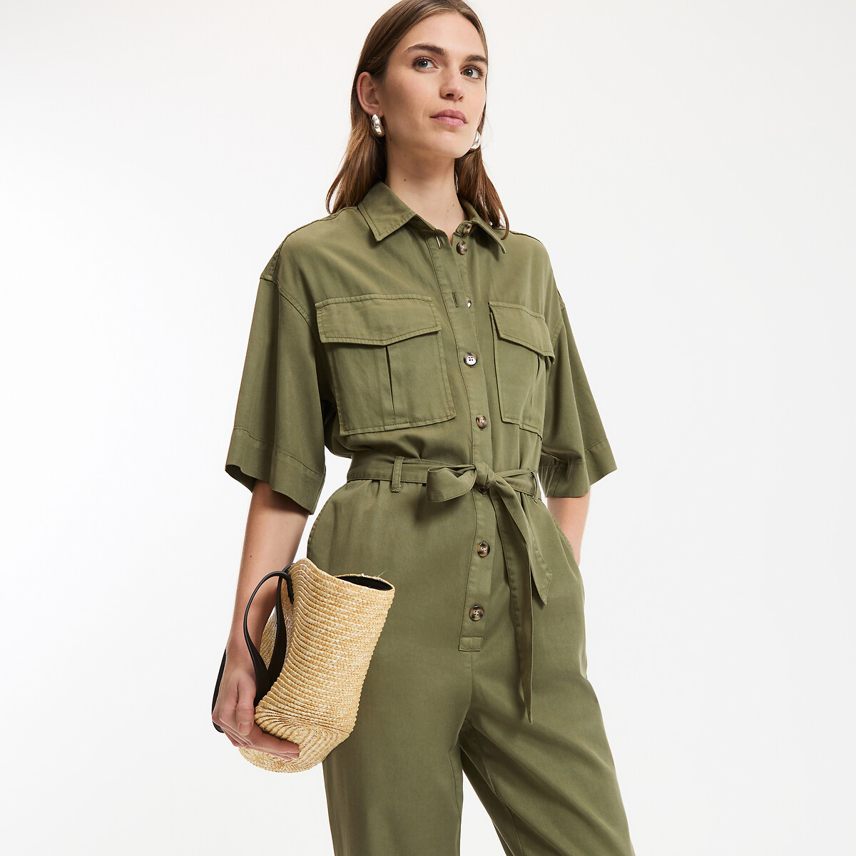 Jumpsuit met korte mouwen kaki , LA REDOUTE COLLECTIONS