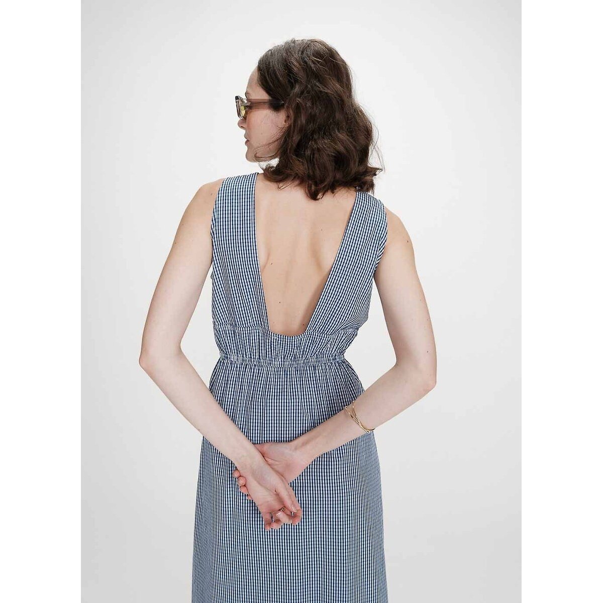 Robe longue à carreaux, col v VELMIRA bleu marine, GRACE & MILA