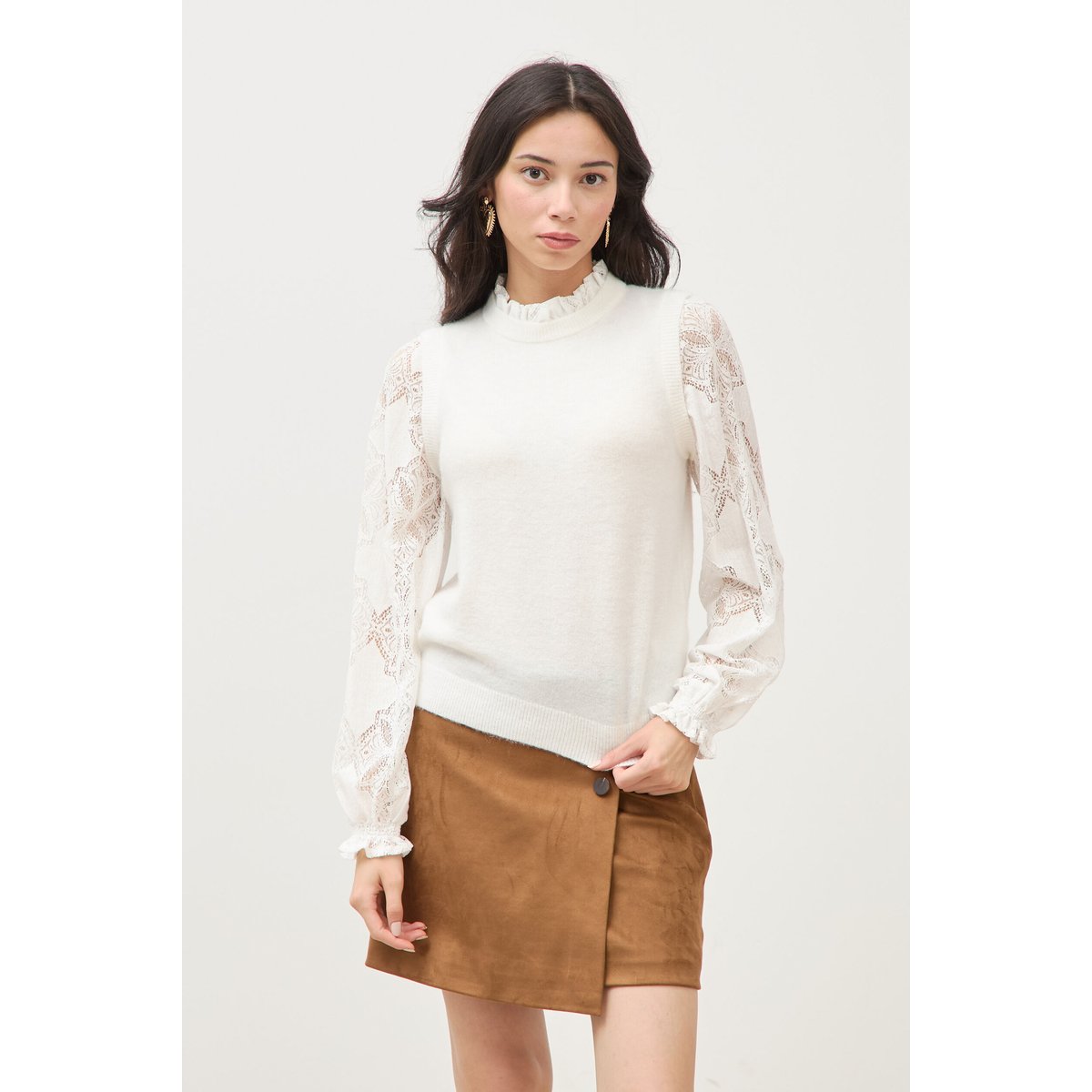 Pull droit col montant manches longues ecru, BONOBO