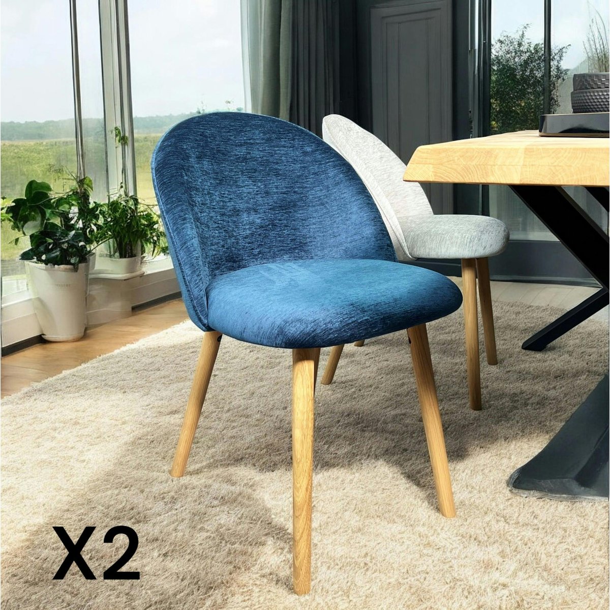 Chaise scandinave en bois et velours bleu (lot de 2) ETNA bleu, PIER IMPORT