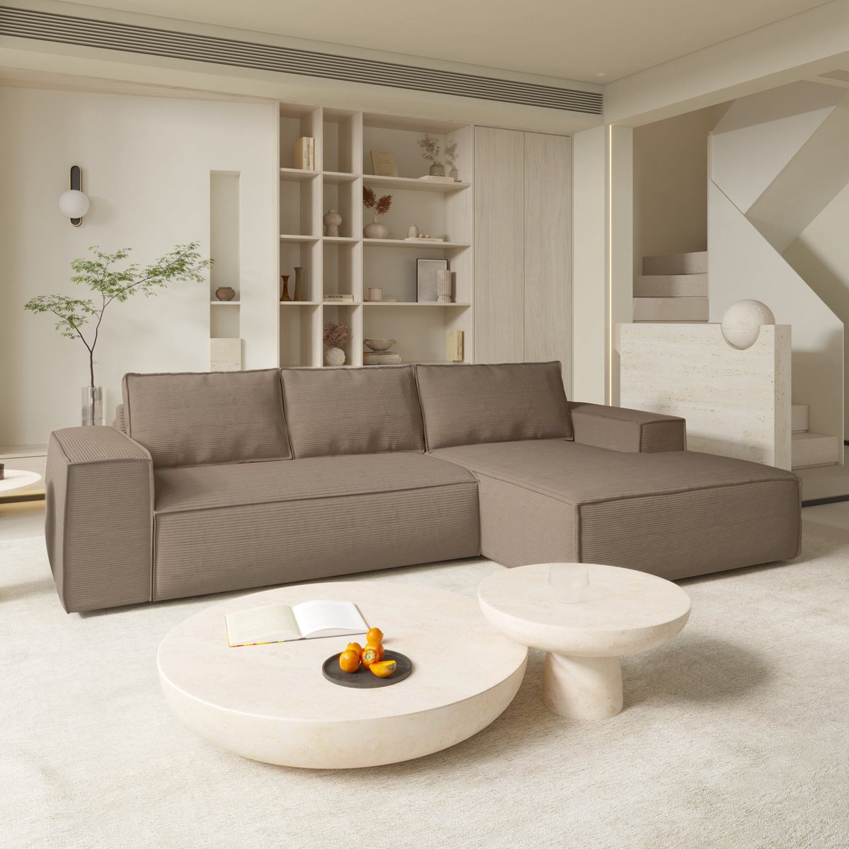 Canapé convertible angle droit 5 places en velours côtelé JOAN taupe, SIA HOME