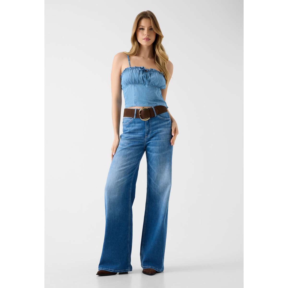 Top Court En Denim bleu clair, GUESS