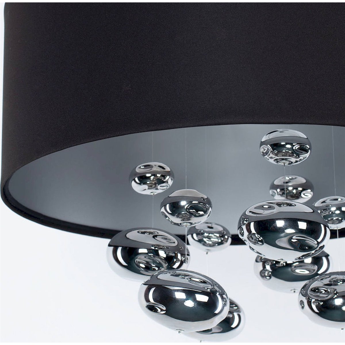 Suspension ronde en tissu avec boules Bubble Light noir satin avec accents argentés, BPS KONCEPT