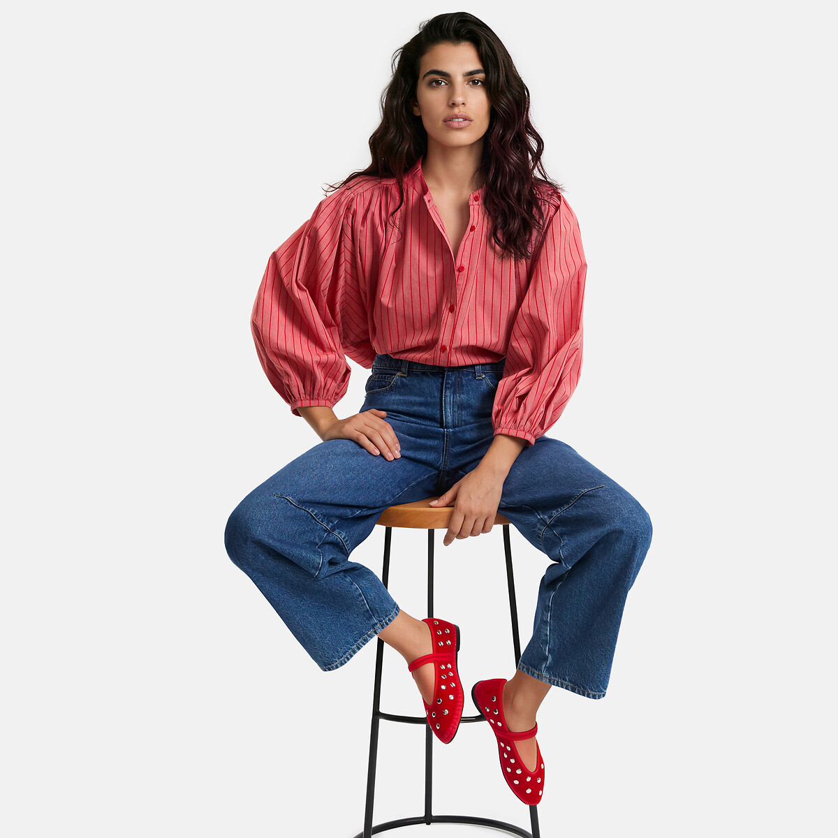 Blusa oversize con colletto alla coreana a righe in cotone, Signatures BERTHE rigato rosa/rosso, LA REDOUTE COLLECTIONS