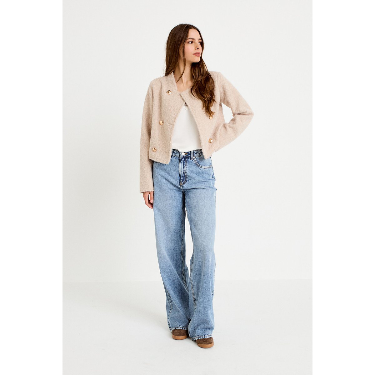 Veste droite cropped effet polaire ivoire, CACHE CACHE