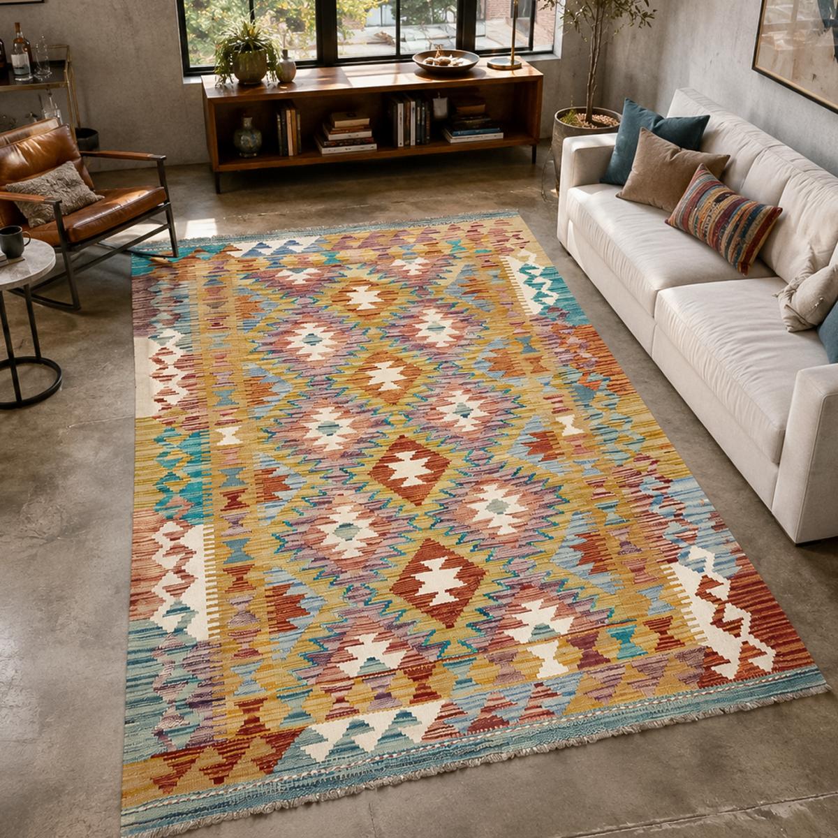 Tapis kilim ethnique authentique, tissé plat en laine, KILIM 48 multicolore, bleu, rouge, UN AMOUR DE TAPIS