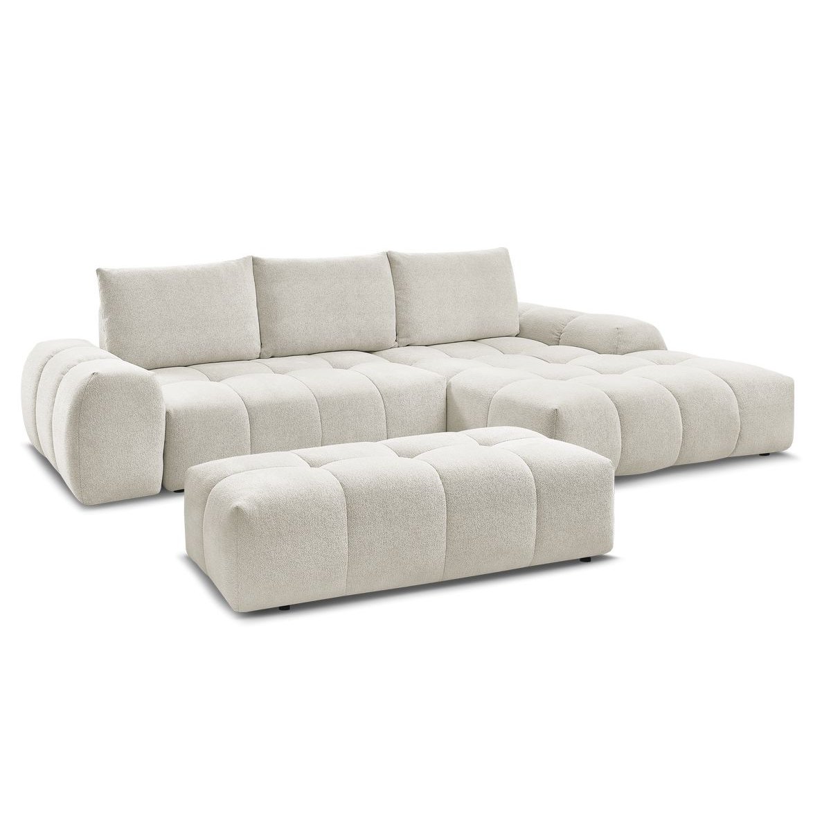 Canapé d'angle convertible 4 places en tissu chiné avec pouf, EVEREST blanc, BOBOCHIC