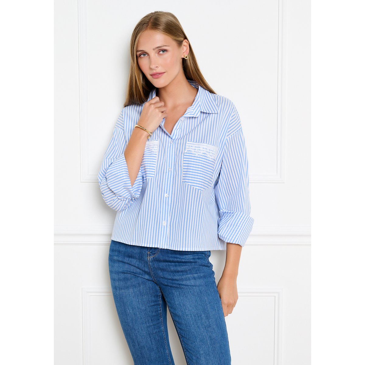 Chemise rayée poches macramé bleu pastel, LOLALIZA