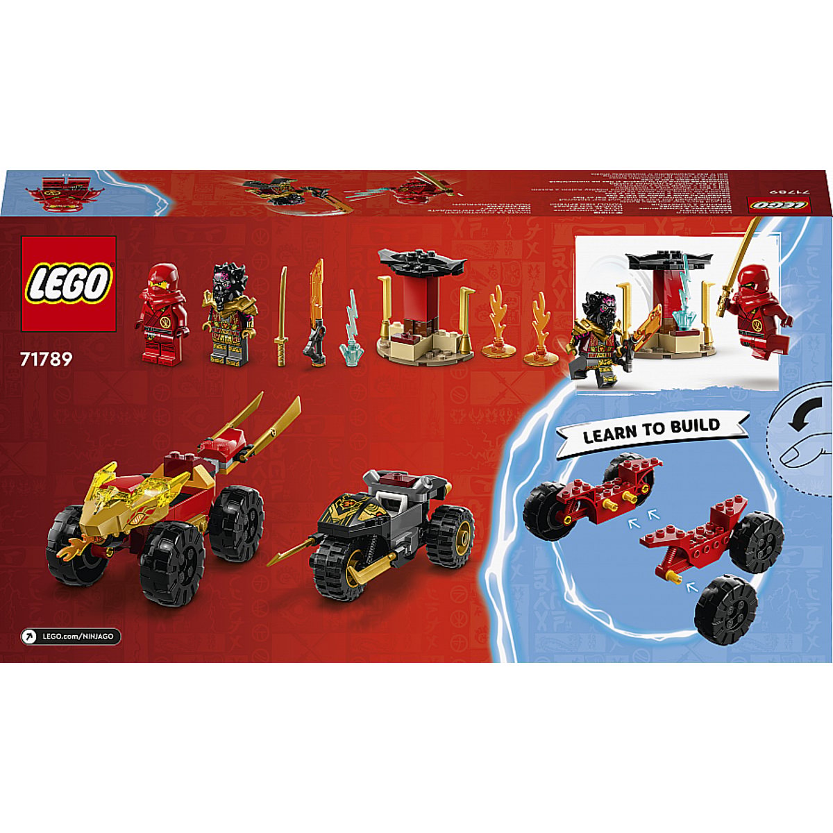71789 Le combat en voiture et en moto de kai et ras multicolore, LEGO