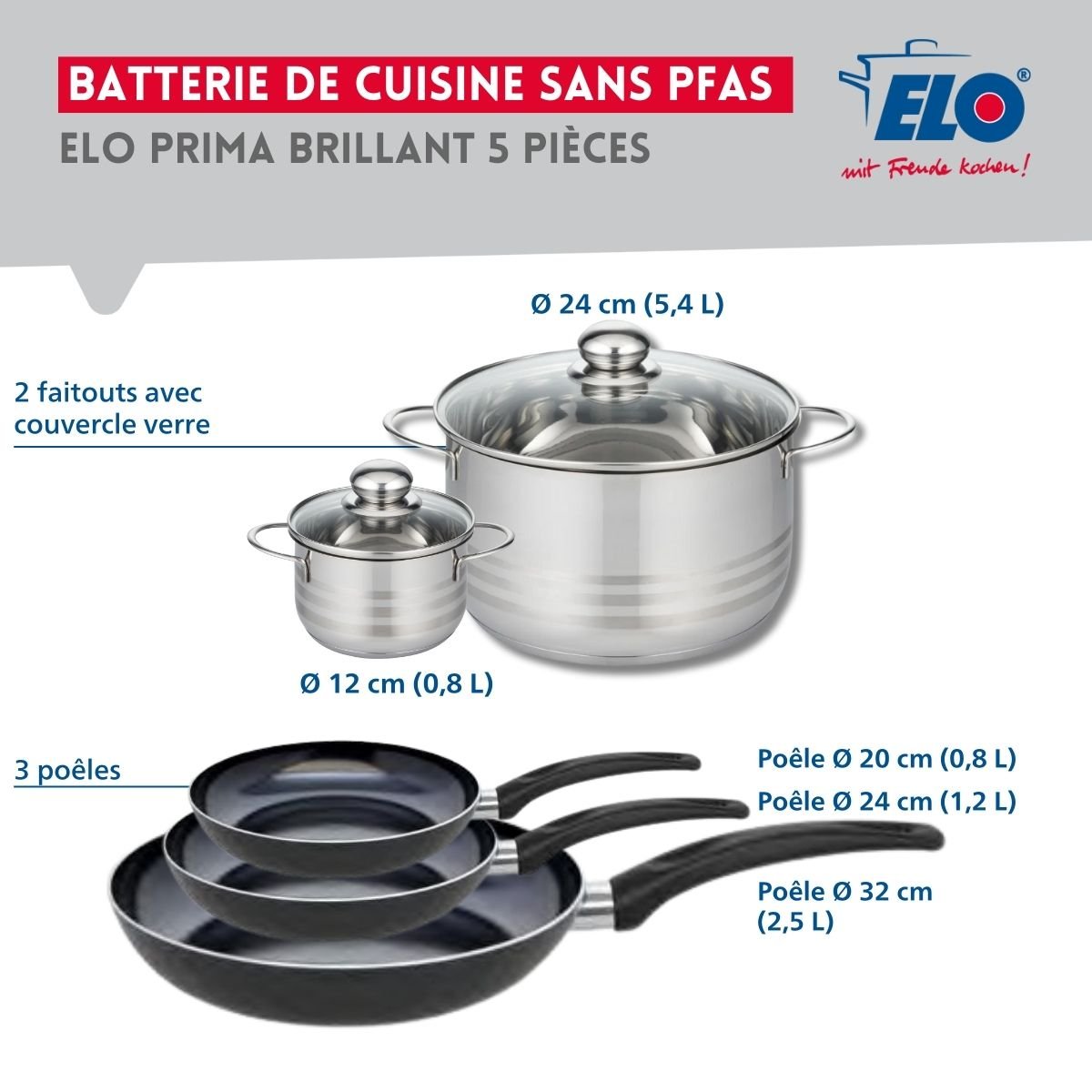Batterie 3 poêles 20/24/32cm + 2 faitouts 12/24cm PRIMA BRILLANT noir, ELO