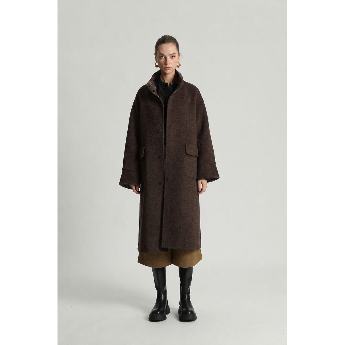 Manteau long réversible en laine mélangée marron carreaux, SEE U SOON