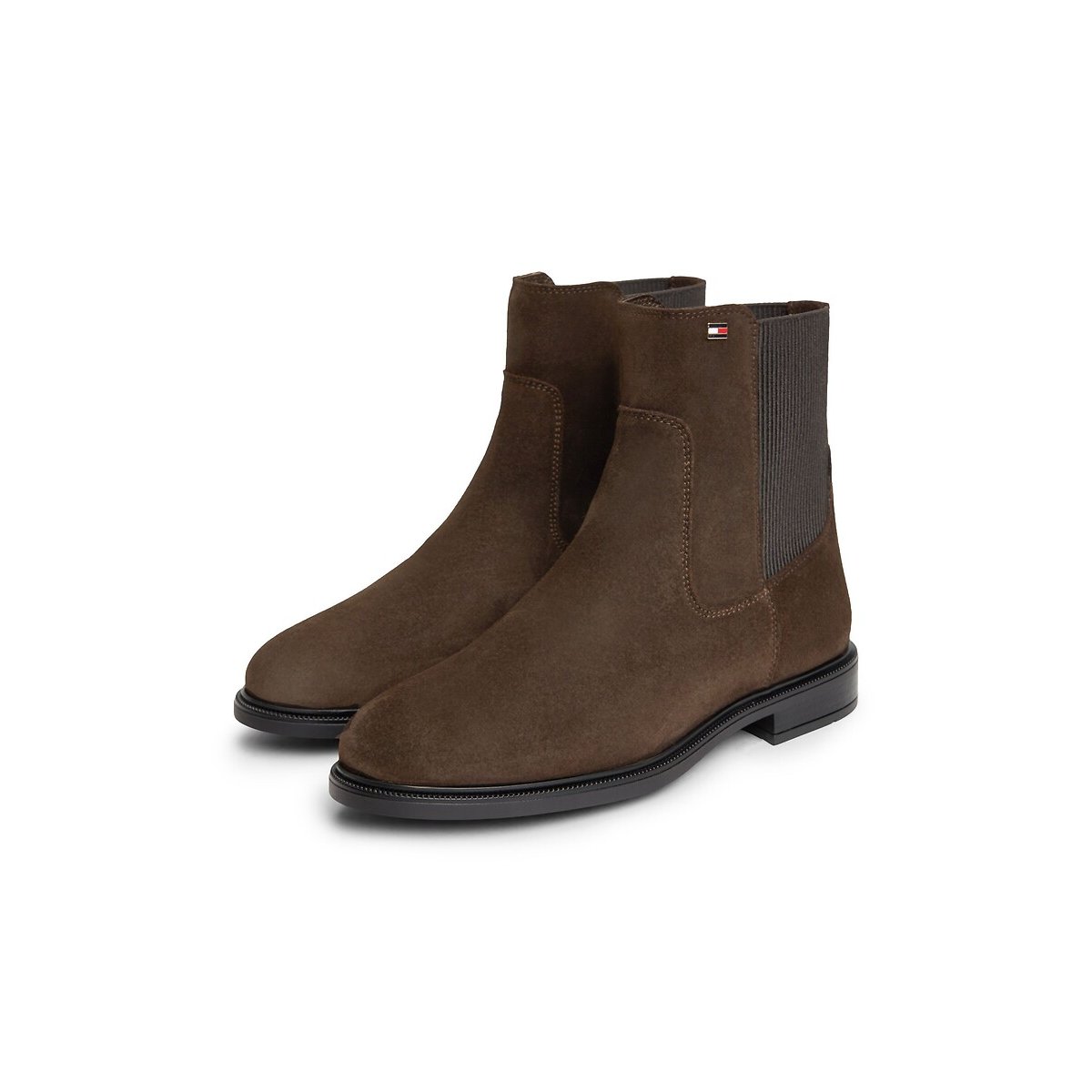 Stivaletti piatti in pelle scamosciata marrone scuro, TOMMY HILFIGER