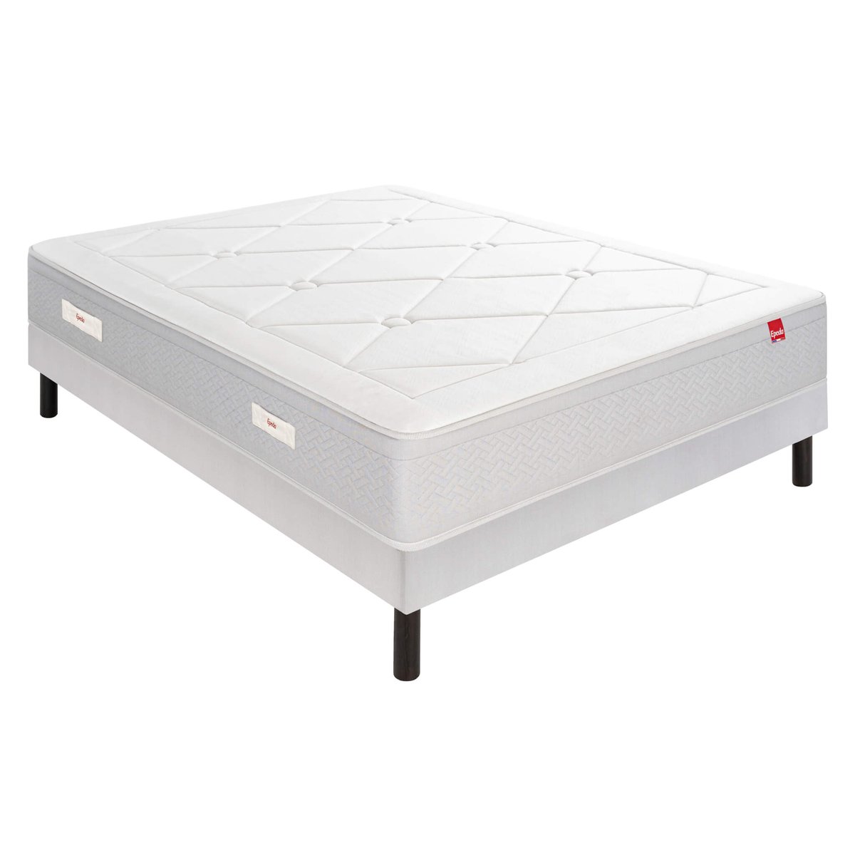 Ensemble literie matelas ressorts L’ÉCHAPPÉE, sommier Escale Ferme et pieds blanc, EPEDA