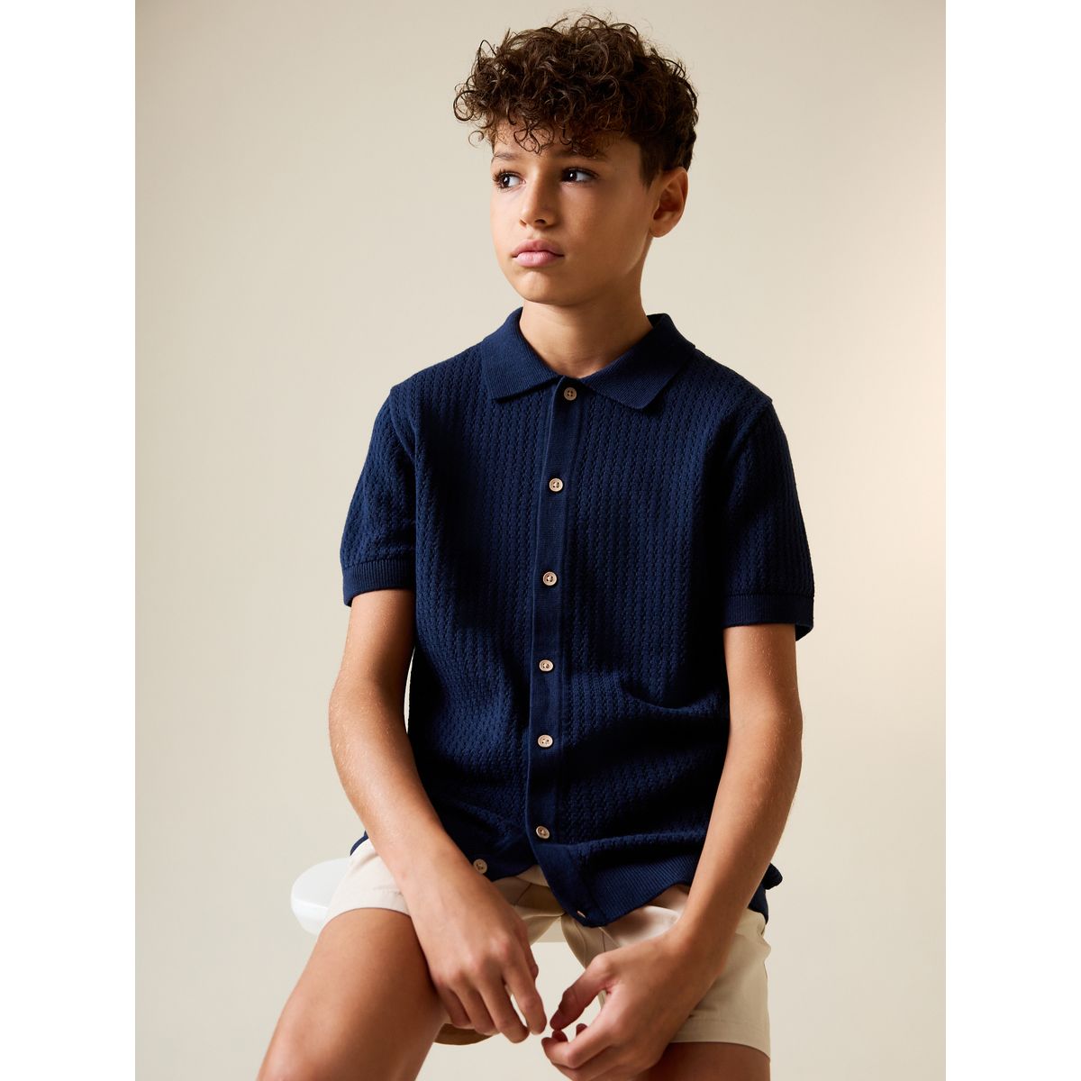Polo boutonné en maille bleu marine, NEXT