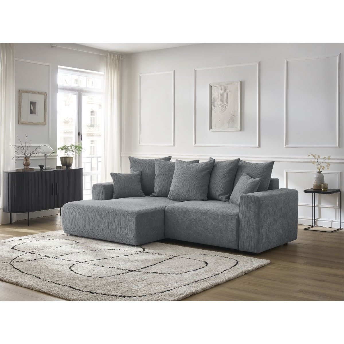 Canapé d'angle convertible 4 places en tissu texturé, ATILLA gris foncé, BOBOCHIC