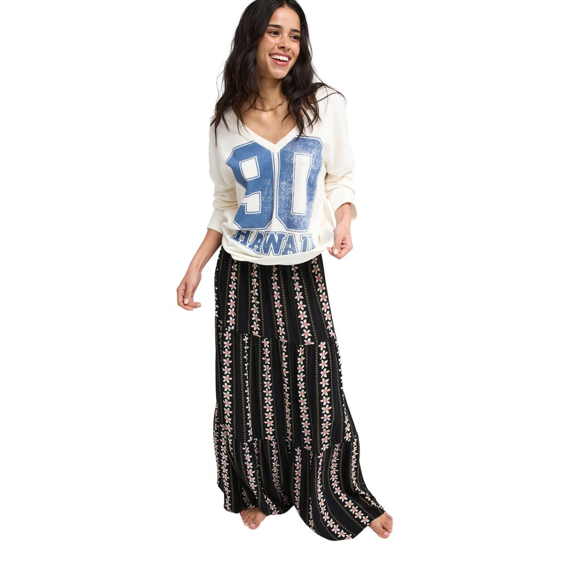 Jupe longue SWEETWATER CREPE. noir anthracite hibiscus real strip, ROXY