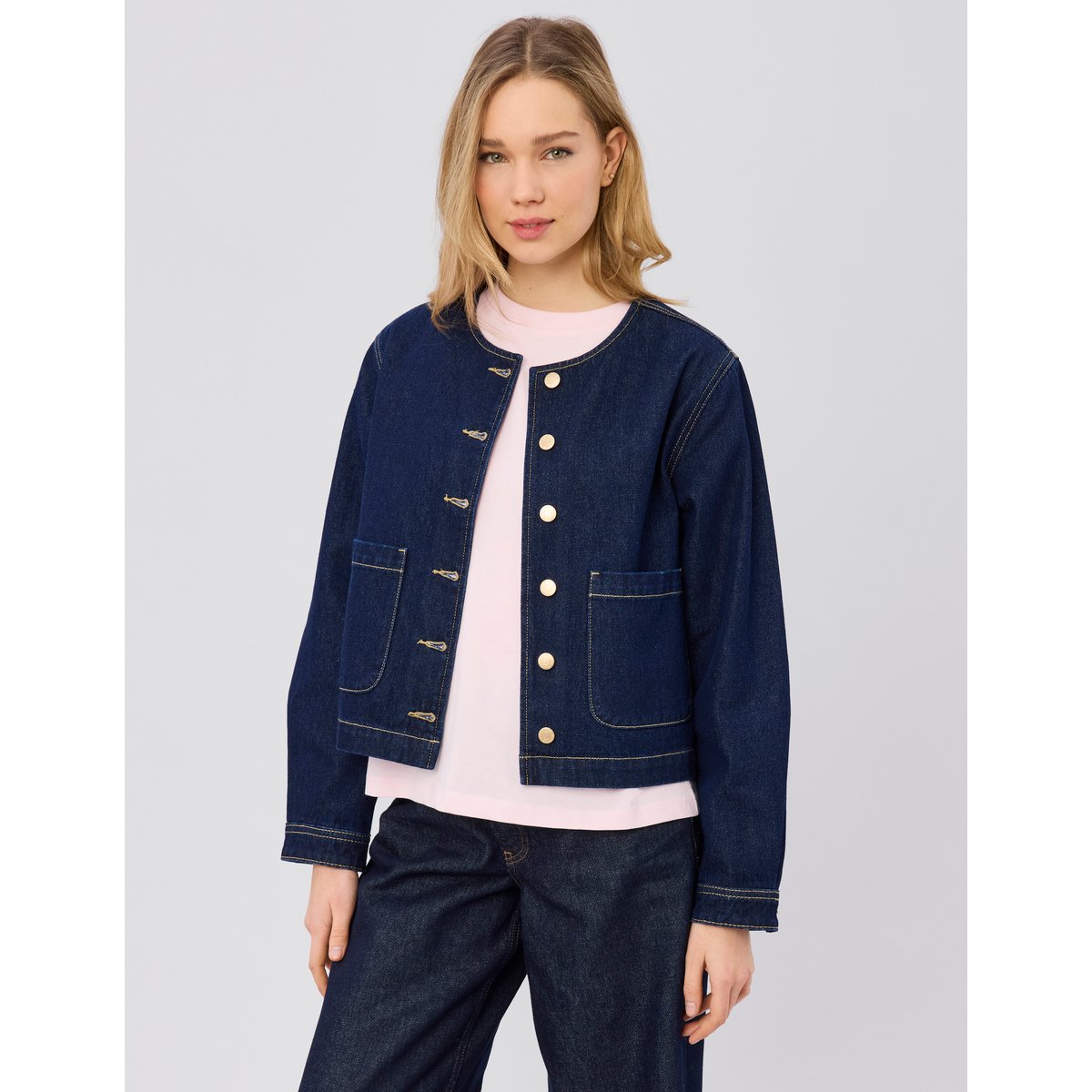 Veste en jean sans col bleu moyen, BZB